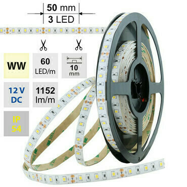 LED pásek MC LED SMD2835 WW, 60LED/m, 14,4W/m, 1152lm/m, IP54, DC 12V, 10mm, 5m