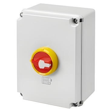 Vačkový vypínač nástěnný GEWISS GW70494P, 0/1 emergency, 125 a 4p, uzamyk. červený knoflík, IP65