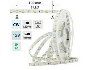 LED pásek MC LED SMD5050 CW, 30LED/m, 7,2W/m, 540lm/m, IP20, DC 12V, 10mm, 5m