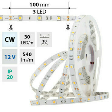 LED pásek MC LED SMD5050 CW, 30LED/m, 7,2W/m, 540lm/m, IP20, DC 12V, 10mm, 5m