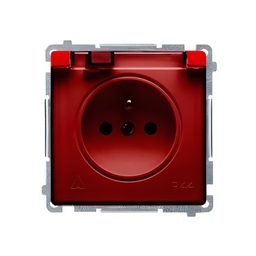 Zásuvka SIMON BASIC BMGZ1BZ.01/22A, 1 nás., IP44, cl., průhl. víčko, 16A/250V~, šr. sv., červená