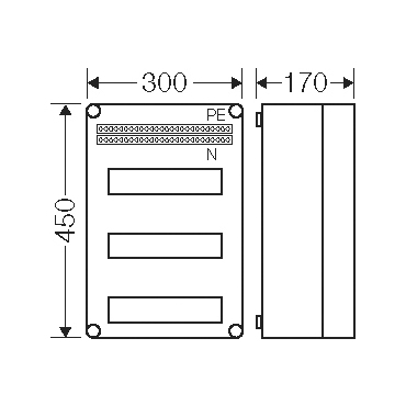 HEN Mi 1336 Jističová rozvodnice IP 65, prostor na 36 modulů ve 3 řadách, se svorkovnicí N/PE