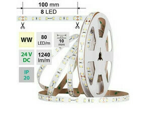 LED pásek MC LED SMD2835 WW, 80LED/m, 7,2W/m, DC 24V, 1240lm/m, CRI90, IP20, 10mm, 50m
