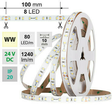 LED pásek MC LED SMD2835 WW, 80LED/m, 7,2W/m, DC 24V, 1240lm/m, CRI90, IP20, 10mm, 50m