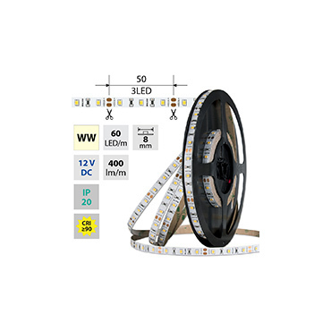 MCLED LED pásek SMD2835 WW, 60LED/m, 4,8W/m, DC 12V, 400lm/m, CRI90, IP20, 8mm, 50m