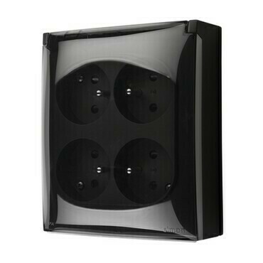 Zásuvka SIMON ACGZ4CZ/49A, 4 nás., IP44, cl., průhl. víčko, 16A/250V~, bezšr. sv., černá mat