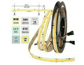 MC LED COB SPI LED pásek WW, 360LED/m, 11,5 W/m, 610lm/m, CRI90, IP20, DC 24V, 10mm, 5m