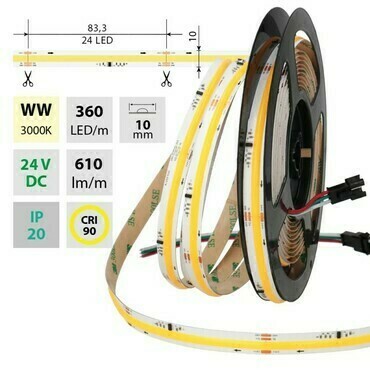 MC LED COB SPI LED pásek WW, 360LED/m, 11,5 W/m, 610lm/m, CRI90, IP20, DC 24V, 10mm, 5m
