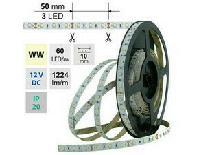 LED pásek MC LED SMD2835 WW, 60LED/m, 14,4W/m, 1224lm/m, IP20, DC 12V, 10mm, 5m