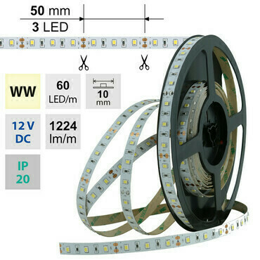 LED pásek MC LED SMD2835 WW, 60LED/m, 14,4W/m, 1224lm/m, IP20, DC 12V, 10mm, 5m