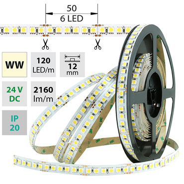 LED pásek MC LED SMD5050 WW, 120LED/m, 28,8W/m, 2160lm/m, IP20, DC 24V, 12mm, 5m