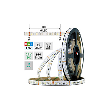 LED pásek MC LED SMD5050 RGB+CW, 60LED/m, 19,2W/m, 910lm/m, IP20, DC 24V, 12mm, 5m