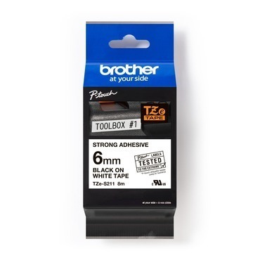 BROTHER  , TZE-S211, 6mm, černý tisk/bílý podklad, extrémně adhezivní, O