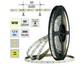 LED pásek MC LED SMD2835 WW, 60LED/m, 4,8W/m, DC 12V, 360lm/m, CRI90, IP54, 8mm, 5m