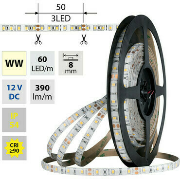 LED pásek MC LED SMD2835 WW, 60LED/m, 4,8W/m, DC 12V, 360lm/m, CRI90, IP54, 8mm, 5m