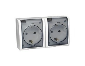 Zásuvka Schuko SIMON AQUARIUS AQGSZ1-2/11A, 2 nás., IP54, průhl. víčko, 16A/250V~, šr. sv., bílá