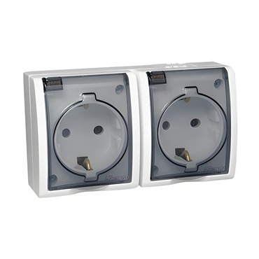Zásuvka Schuko SIMON AQUARIUS AQGSZ1-2/11A, 2 nás., IP54, průhl. víčko, 16A/250V~, šr. sv., bílá