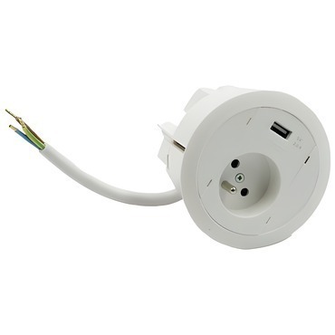 Vestavná stolní zásuvka: 1 zásuvka+USB nabíječka, připojení pomocí 15cm kabelu bez zástrčky, bílá