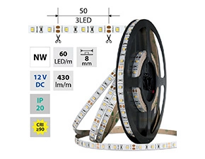 LED pásek MC LED SMD2835 NW, 60LED/m, 4,8W/m, DC 12V, 430lm/m, CRI90, IP20, 8mm, 50m
