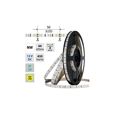 MCLED LED pásek SMD2835 NW, 60LED/m, 4,8W/m, DC 12V, 430lm/m, CRI90, IP20, 8mm, 50m