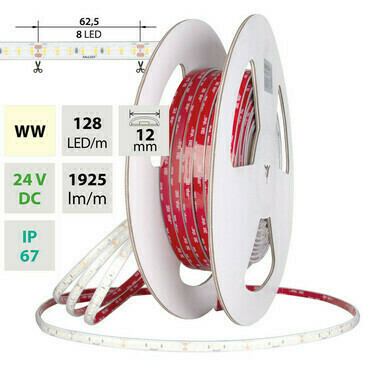 LED pásek MC LED SMD2835 WW, 128LED/m, 11,5W/m, DC 24V, 1925lm/m, CRI90, IP67, 12mm, 5m