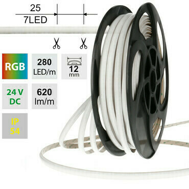 LED pásek MC LED SOB RGB, 280LED/m, 14W/m, DC 24V, 620lm/m, IP54, modul 25mm, 12mm, 5m