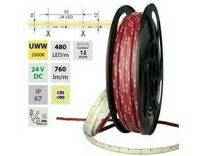 MC LED COB LED pásek UWW, 480LED/m, 8W/m, 640lm/m, CRI90, IP67, DC 24V,105°C, 12mm, 50m
