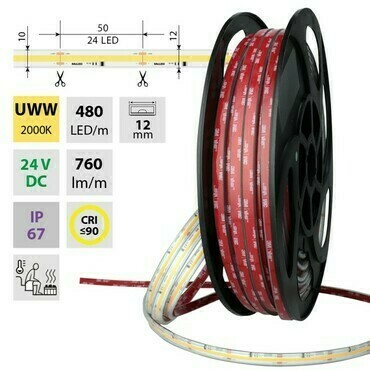 MC LED COB LED pásek UWW, 480LED/m, 8W/m, 640lm/m, CRI90, IP67, DC 24V,105°C, 12mm, 50m