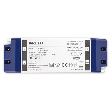 LED driver napěťový MC LED 72W, DC 24V/3A, IP20, plastové provedení se svorkovnicí