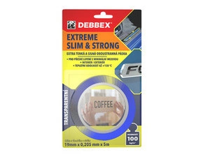 Páska oboustranná DEBBEX B8250BD Extreme Slim Clear 19mm x 0,205mm x 5m BLISTR, 3"core