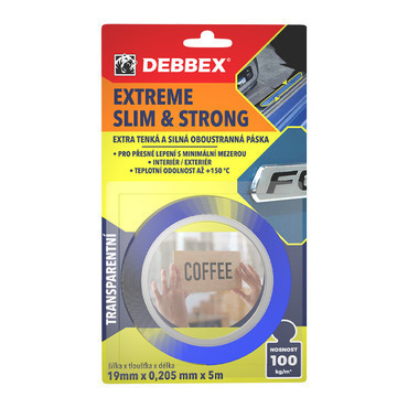 Páska oboustranná DEBBEX B8250BD Extreme Slim Clear 19mm x 0,205mm x 5m BLISTR, 3"core