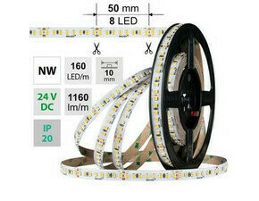 LED pásek MC LED SMD2835 NW, 160LED/m, 9W/m, DC 24V, 1160lm/m, CRI90, IP20, 10mm, 50m