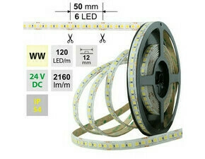 LED pásek MC LED SMD5050 WW, 120LED/m, 28,8W/m, 2160lm/m, IP54, DC 24V, 12mm, 5m