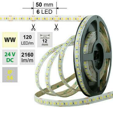 LED pásek MC LED SMD5050 WW, 120LED/m, 28,8W/m, 2160lm/m, IP54, DC 24V, 12mm, 5m