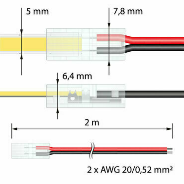 MC LED Připojovací konektor jednobarevných COB LED pásků šíře 5 mm, 2 piny, délka 2 metry, 20AWG