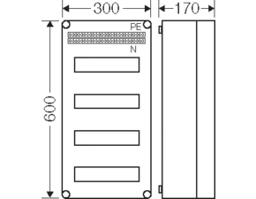 HEN Mi 1448 Jističová rozvodnice IP 65, prostor na 48 modulů ve 4 řadách, se svorkovnicí N/PE
