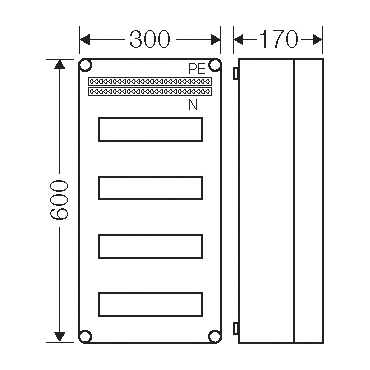 HEN Mi 1448 Jističová rozvodnice IP 65, prostor na 48 modulů ve 4 řadách, se svorkovnicí N/PE