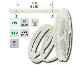 LED pásek MC LED SMD5050 CW, 60LED/m, 14,4W/m, 1180lm/m, IP68, DC 24V, 13mm, 5m