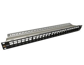 Patch panel SOLARIX SX24M-0-STP-BK-UNI-N, 19", 24x RJ45, 1U, vyvazovací lišta, modulární, černý
