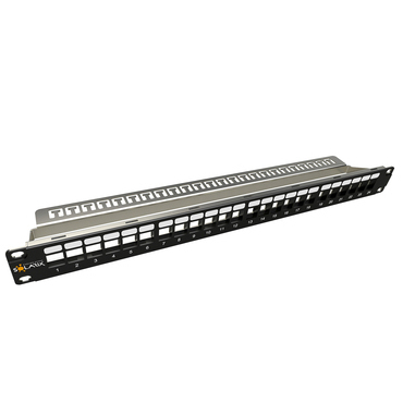 Patch panel SOLARIX SX24M-0-STP-BK-UNI-N, 19", 24x RJ45, 1U, vyvazovací lišta, modulární, černý