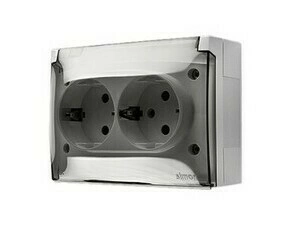 Zásuvka Schuko SIMON AQUACLICK ACGSZ2/11A, 2 nás., IP44, průhl. víčko, 16A/250V~, šr. sv., bílá