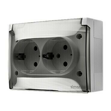 Zásuvka Schuko SIMON AQUACLICK ACGSZ2/11A, 2 nás., IP44, průhl. víčko, 16A/250V~, šr. sv., bílá
