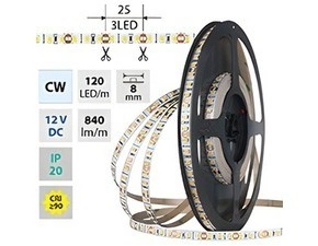 LED pásek MC LED SMD2835 CW, 120LED/m, 9,6W/m, DC 12V, 840lm/m, CRI90, IP20, 8mm, 50m