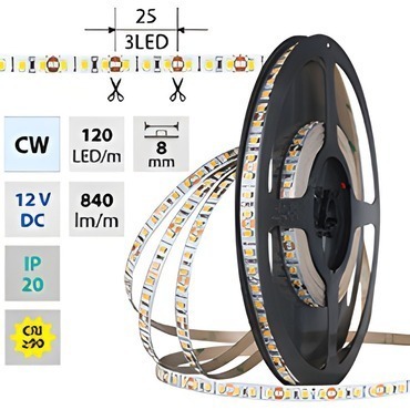LED pásek MC LED SMD2835 CW, 120LED/m, 9,6W/m, DC 12V, 840lm/m, CRI90, IP20, 8mm, 50m