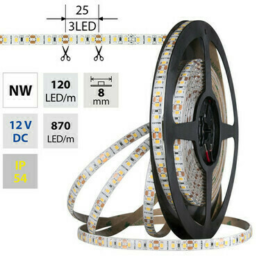 LED pásek MC LED SMD2835 NW, 120LED/m, 9,6W/m, DC 12V, 650lm/m, CRI90, IP54, 8mm, 5m