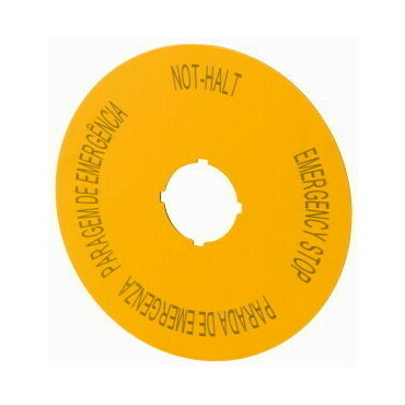 EATON 121086 M22-XAK12 Označ. štítek nouzového vypnutí, IP66, D=90mm, DE, EN, ES, POR