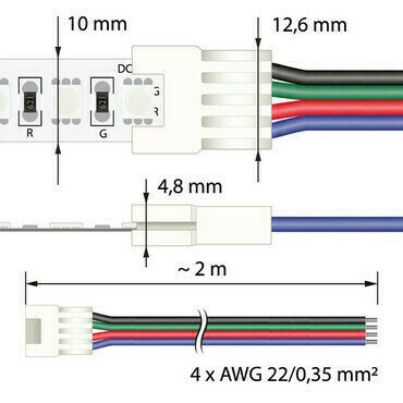 Konektor Připojovací MC LED RGB LED pásků šíře 10 mm, 4 piny, délka 2 metry, 22AWG, max. 3 A