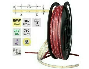 MC LED COB LED pásek EWW, 480LED/m, 8W/m, 720lm/m, CRI90, IP67, DC 24V, 105°C, 12mm, 50m