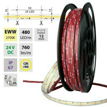 MC LED COB LED pásek EWW, 480LED/m, 8W/m, 720lm/m, CRI90, IP67, DC 24V, 105°C, 12mm, 50m