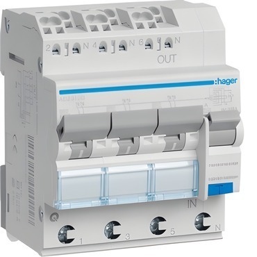 Chránič kombinovaný HAGER ADZ310D chránič s nadproudovou ochranou B, 3x1P+N, 6 kA, 0,0